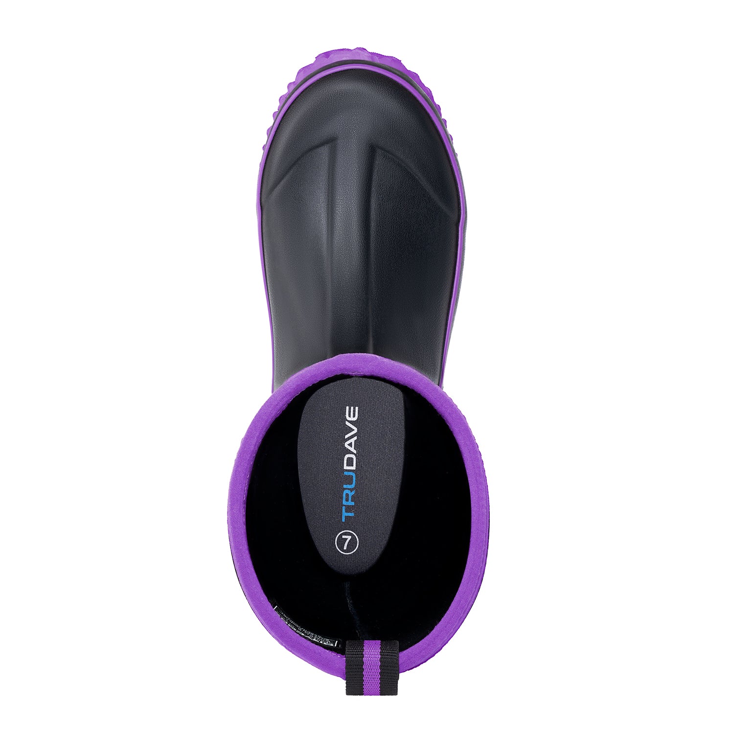 Top view of Trudave BloomBoot Series women’s mid-calf waterproof neoprene garden rain boots in black with purple trim showing interior lining and waterproof design